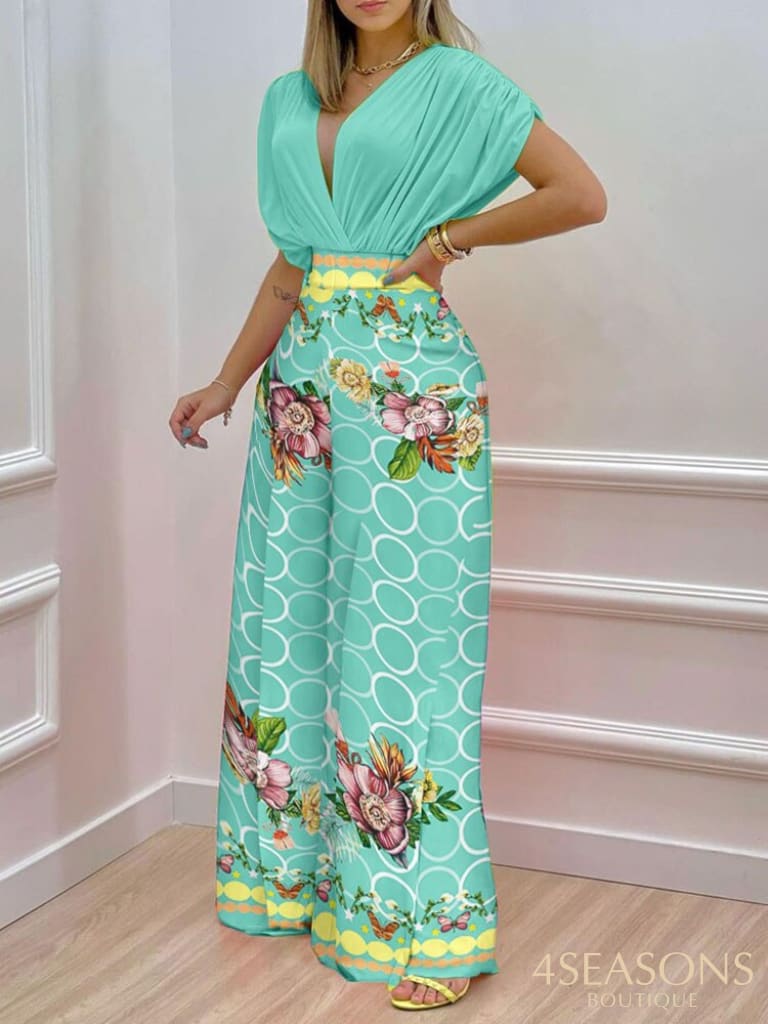 Summer Sexy Deep V Neck Pleated Shirt Outfit Women Fashion Solid Blouses + High Waist Print Straight