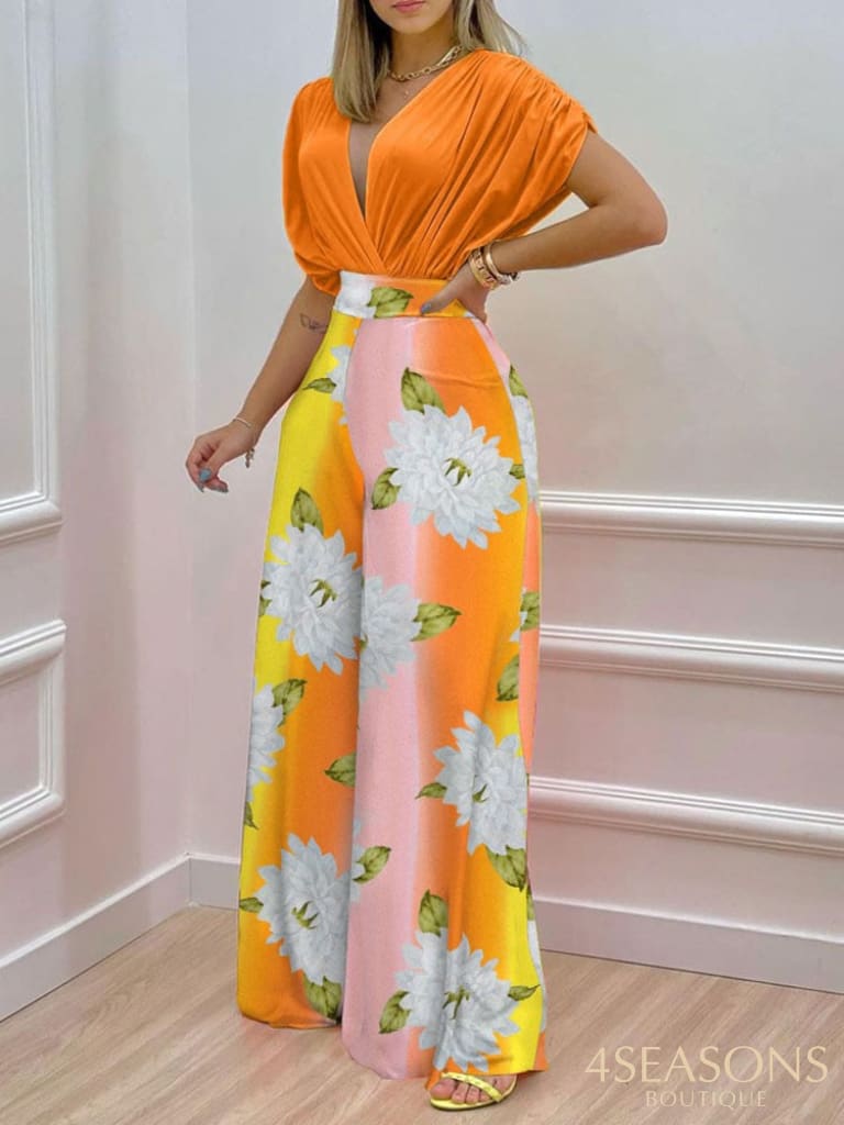 Summer Sexy Deep V Neck Pleated Shirt Outfit Women Fashion Solid Blouses + High Waist Print Straight