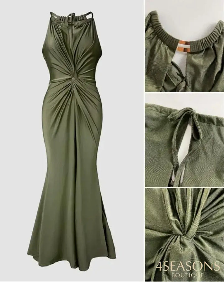 Womens Dresses 2025 New Satin Sleeveless Hollow Out Twist Front Evening Dress Tied Detail Backless Zipper Back Mermaid