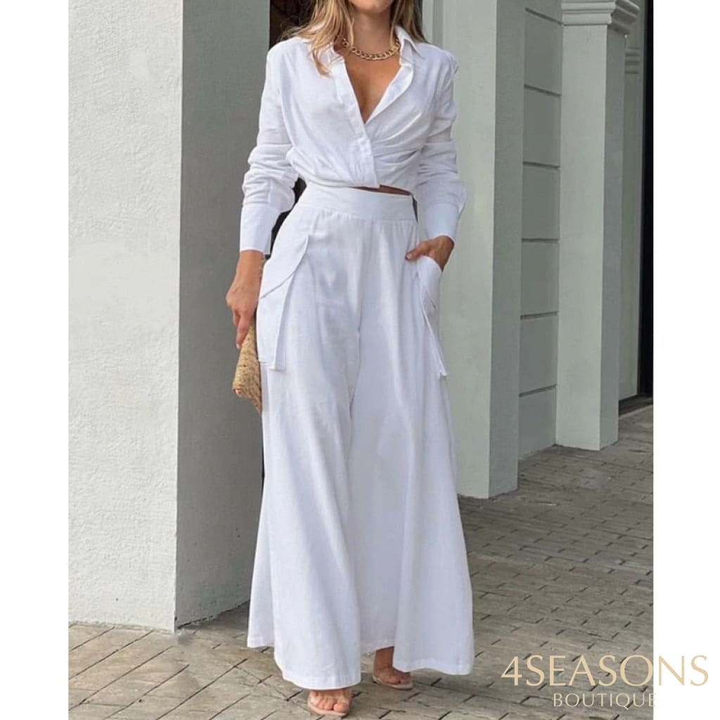 Two Piece Set Women Vintage Boho Print Shirt Commuter Wide Leg Pants Summer Casual Loose Suits Work