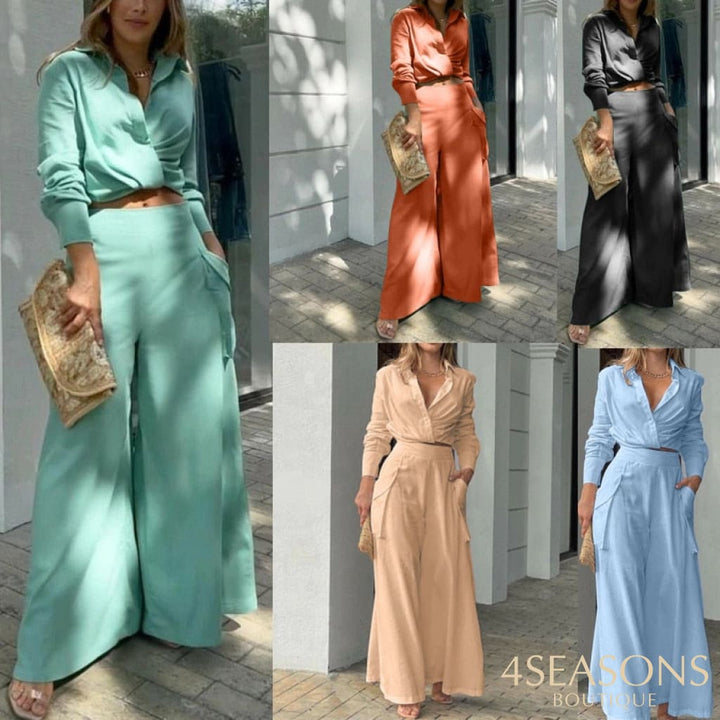 Two Piece Set Women Vintage Boho Print Shirt Commuter Wide Leg Pants Summer Casual Loose Suits Work