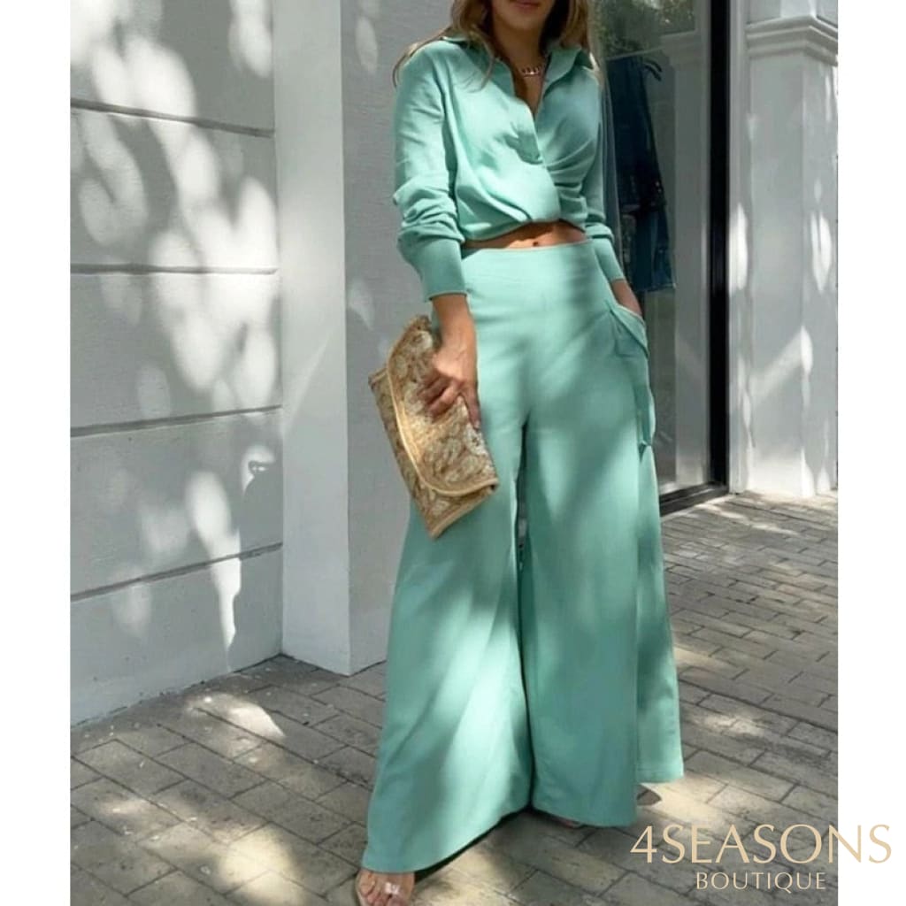 Two Piece Set Women Vintage Boho Print Shirt Commuter Wide Leg Pants Summer Casual Loose Suits Work