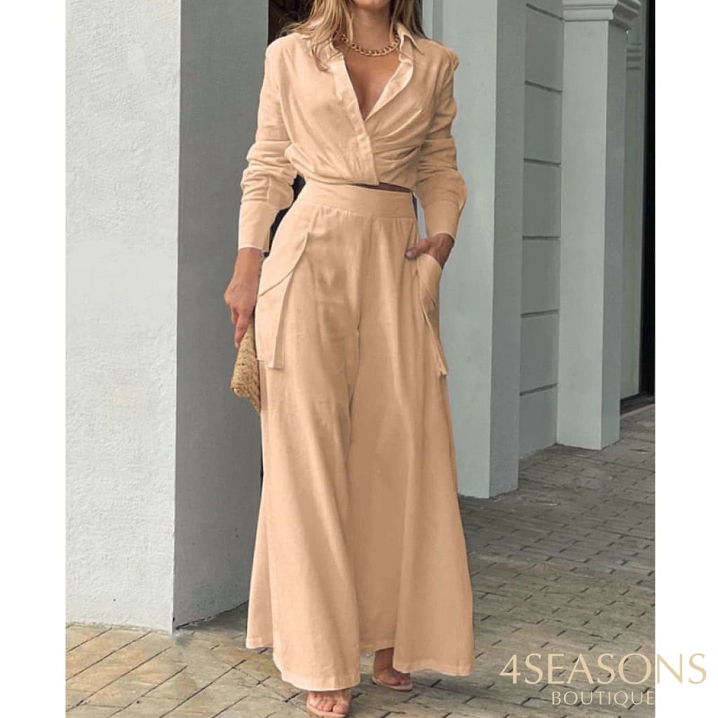 Two Piece Set Women Vintage Boho Print Shirt Commuter Wide Leg Pants Summer Casual Loose Suits Work