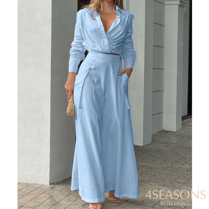 Two Piece Set Women Vintage Boho Print Shirt Commuter Wide Leg Pants Summer Casual Loose Suits Work