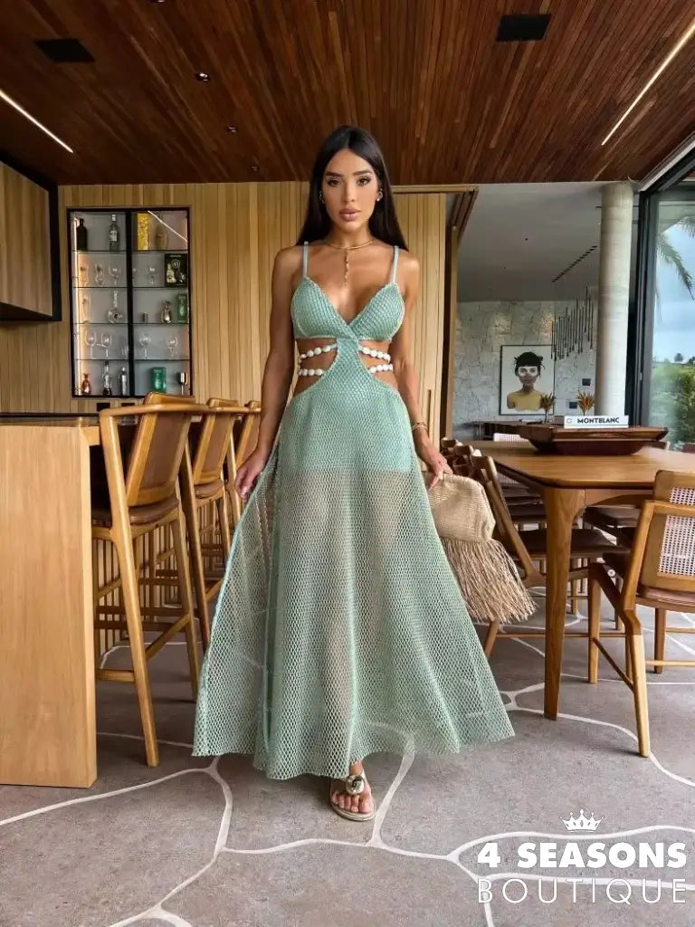New Sexy Solid Women Dress V Neck Sleeveless High Cut Naked Waist Long Dress Fashion Evening Party Dress