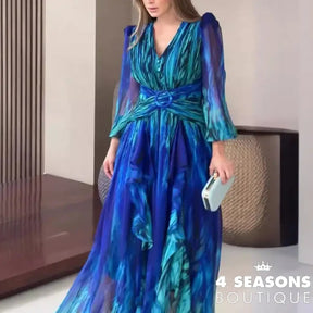 Women Chic Cross Waisted Party Evening Dress 2024 Elegant V-Nek Long Sleeve French Retro Pleat