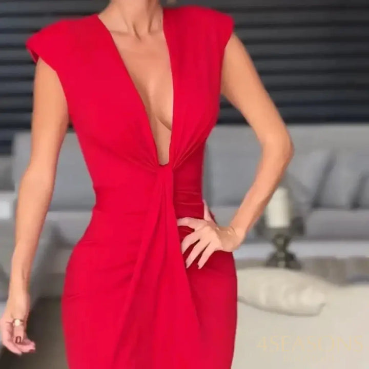 Wefads Women Long Dress Solid Sleeveless Deep V Neck Tank A Line Nipped Waist Pleated Slit
