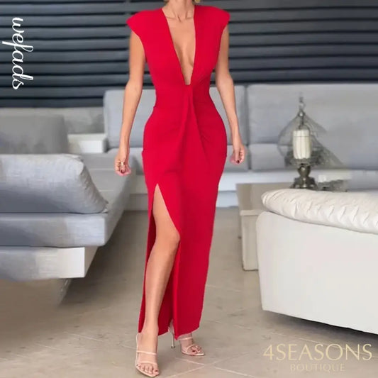 Wefads Women Long Dress Solid Sleeveless Deep V Neck Tank A Line Nipped Waist Pleated Slit