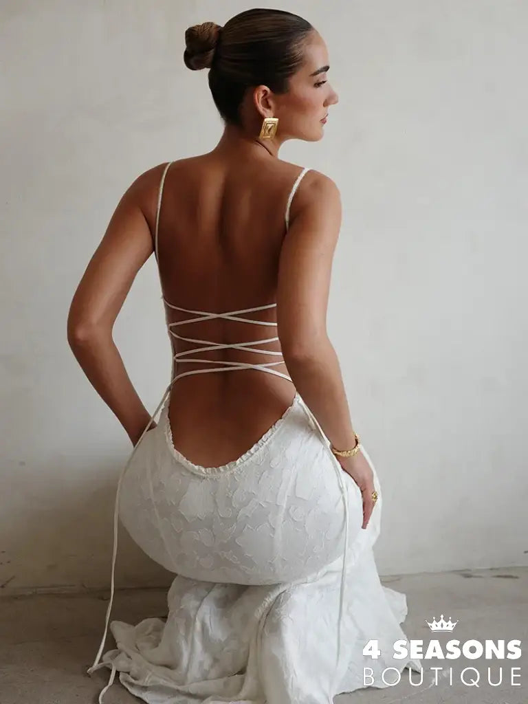 Julissa Mo Sexy Backless Double Layer Women Maxi Dress White Spaghetti Strap Evening Summer Skinny