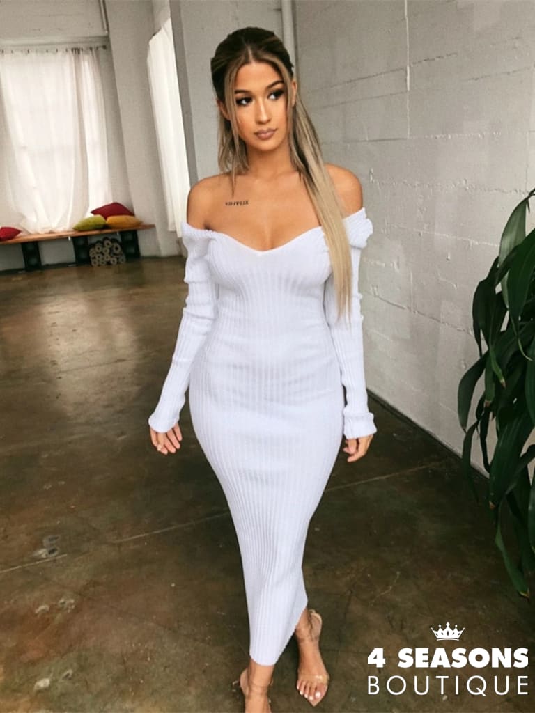 Forefair Winter Sexy Bodycon Midi Woman Dress Knitted Long Sleeve V Neck Party Elegant Robe
