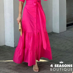 Liyong Women Maxi Dress Fashion Elegant Long Sleeve Lapel Lace Up Nipped Waist Pleated Solid Color