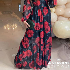 Ellafads Women Maxi Dress Autumn Elegant Fashion Long Sleeve Rose Print V Neck Nipped Waist Chiffon