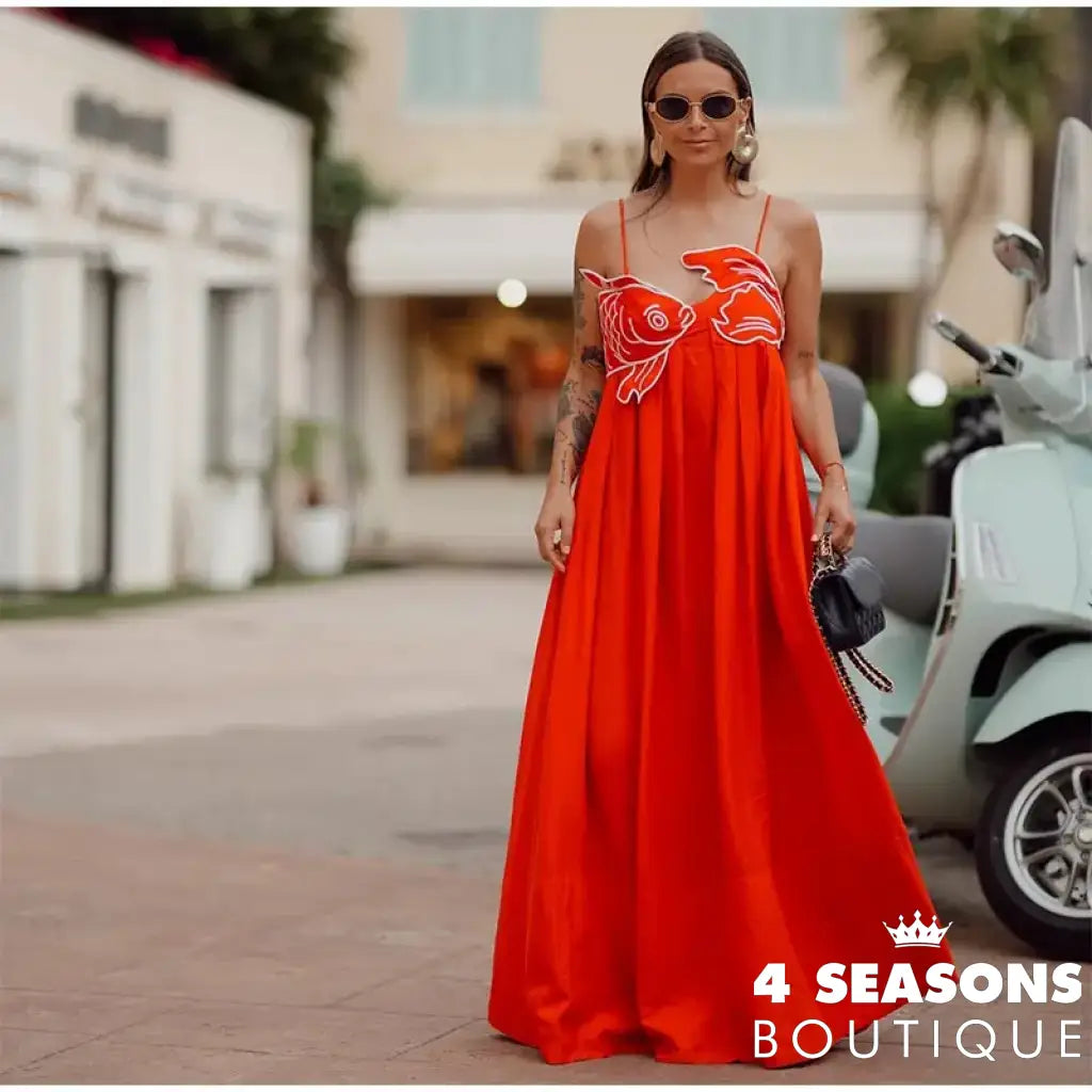 Summer 2024 New Fashion Chic Sleeveless Red Fish Shaped Bra Sling Long Dress Backless Loose Pleated