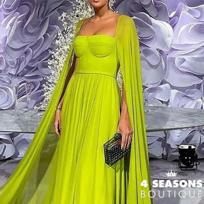 Wefads Maxi Dress Women Elegant Fashion Solid Cape Long Sleeve Square Neck Nipped Waist Backless