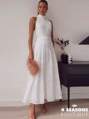 Sleeveless Hollow Out White Belt Long Dress High Waist X-Shaped Half Collar Elegant Office Lady Lace