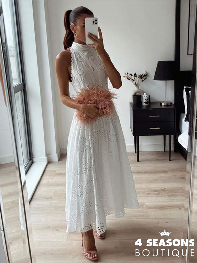 Sleeveless Hollow Out White Belt Long Dress High Waist X-Shaped Half Collar Elegant Office Lady Lace