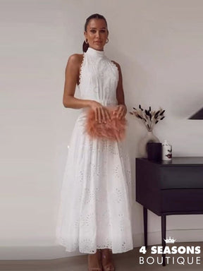 Sleeveless Hollow Out White Belt Long Dress High Waist X-Shaped Half Collar Elegant Office Lady Lace