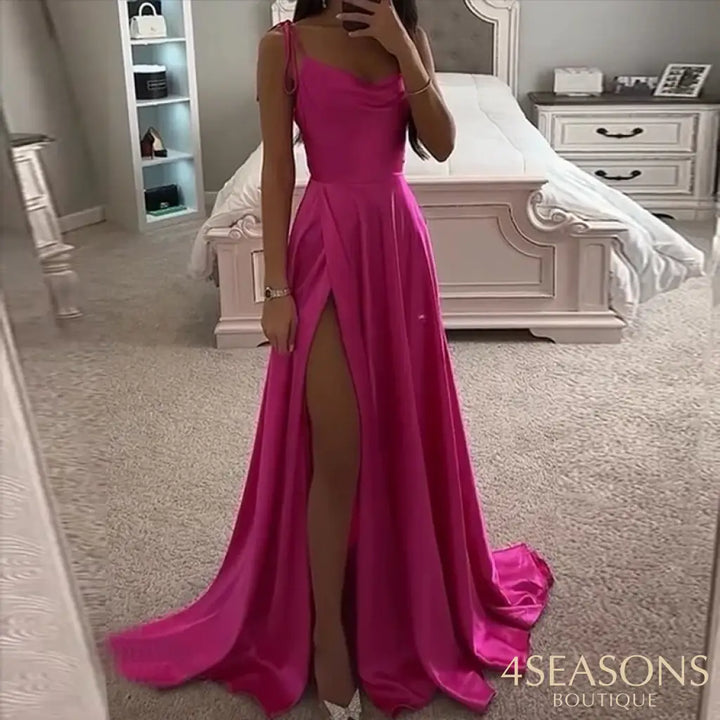 Ellafads Party Long Dress Women Summer Elegant Solid Suspender Round Neck Lace Up Slit Pleated Slim