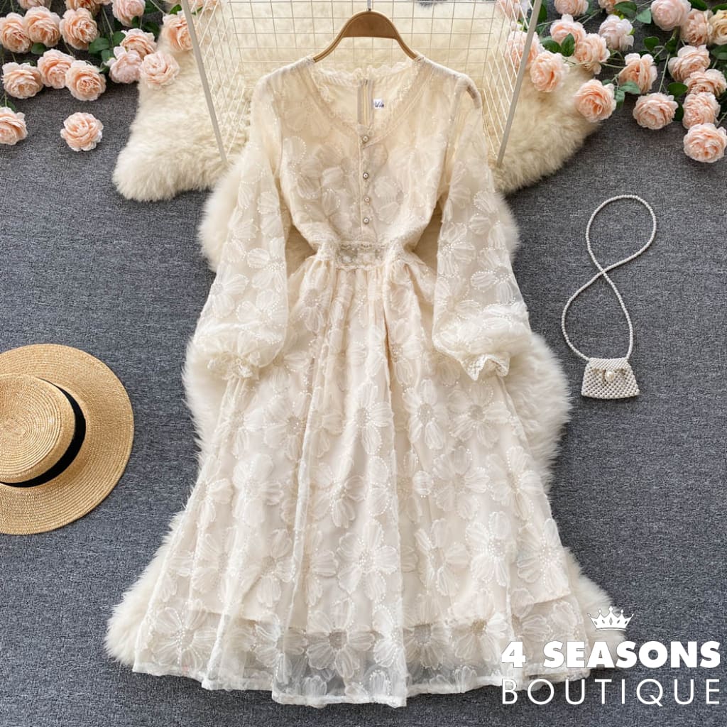 2022 Spring Elegant V-Neck Lace Sequin Dress Gentle Feminine Waist Thin Over-The-Knee Long-Sleeve