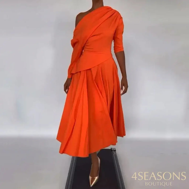 Ellafads Long Dress Women’s Summer Clothing Elegant Solid Long Sleeve One Shoulder Irregular Pleated Nipped Waist Party