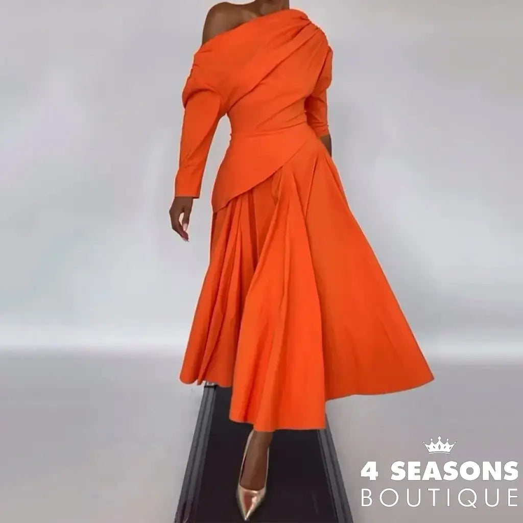 Ellafads Long Dress Women’s Summer Clothing Elegant Solid Long Sleeve One Shoulder Irregular Pleated Nipped Waist Party
