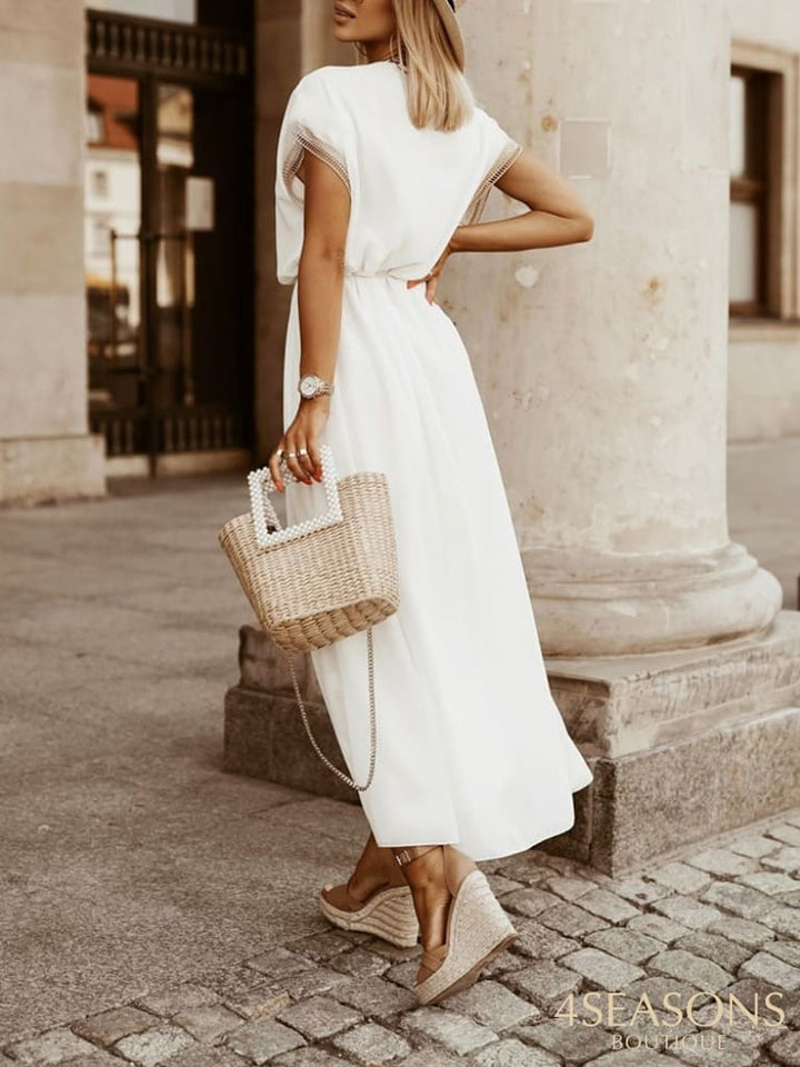 Sexy V Neck Short Sleeve Beach Dress 2022 High Waist A Line Lace Up Ruffles Women Casual Loose