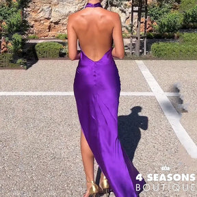 Waytobele Women Maxi Dress Summer Elegant Sleeveless Solid Halterneck Backless Slit Nipped Waist
