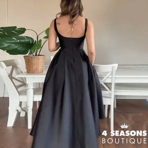 Ellafads Party Long Dress Women Summer Elegant Solid Sleeveless Pocket Suspender Round Neck Pleated