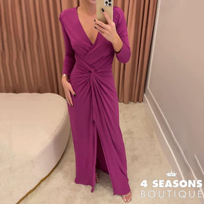 Liyong Women Maxi Dress Fashion Solid V Neck Slit Long Sleeve Pleated Nipped Waist Slim Evening