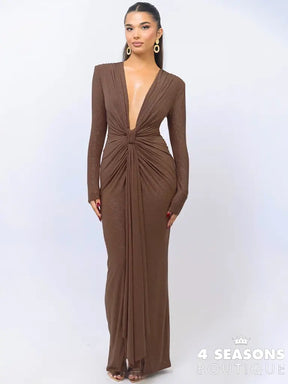 Mozision Glitter Deep V Neck Sexy Maxi Dress For Women Elegant Sparkle Long Sleeve Ruched Bodycon