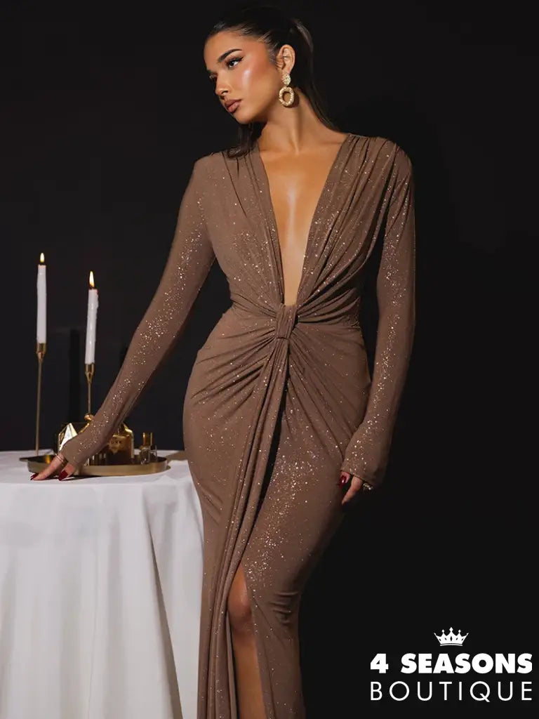 Mozision Glitter Deep V Neck Sexy Maxi Dress For Women Elegant Sparkle Long Sleeve Ruched Bodycon