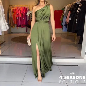 Ellafads Women’s Maxi Dress Summer Elegant Solid One Shoulder Pleated Lace Up Slim Slit