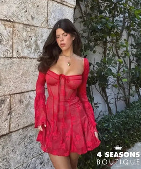 Lace Flare Sleeve High Waist Mini Dress Women Square Collar Low Cut Backless Pleated Dresses 2024