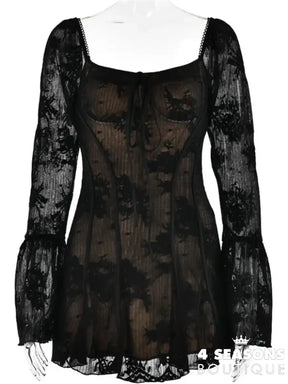 Lace Flare Sleeve High Waist Mini Dress Women Square Collar Low Cut Backless Pleated Dresses 2024