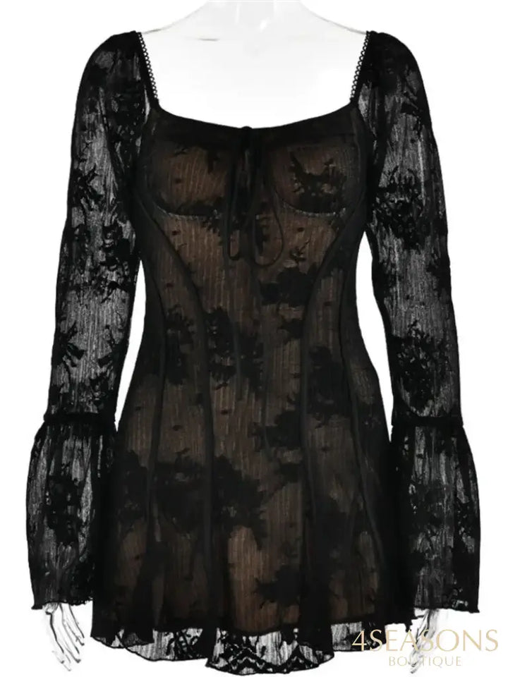 Lace Flare Sleeve High Waist Mini Dress Women Square Collar Low Cut Backless Pleated Dresses 2024
