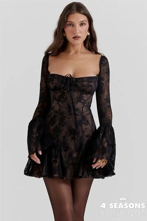 Lace Flare Sleeve High Waist Mini Dress Women Square Collar Low Cut Backless Pleated Dresses 2024