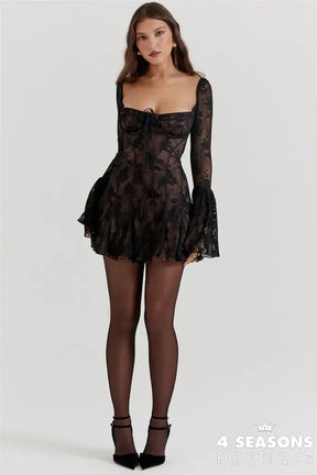 Lace Flare Sleeve High Waist Mini Dress Women Square Collar Low Cut Backless Pleated Dresses 2024