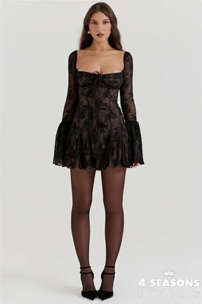 Lace Flare Sleeve High Waist Mini Dress Women Square Collar Low Cut Backless Pleated Dresses 2024