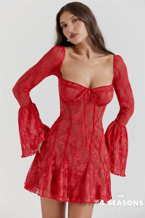Lace Flare Sleeve High Waist Mini Dress Women Square Collar Low Cut Backless Pleated Dresses 2024