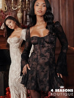 Lace Flare Sleeve High Waist Mini Dress Women Square Collar Low Cut Backless Pleated Dresses 2024