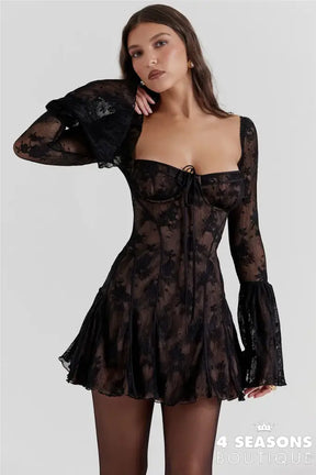 Lace Flare Sleeve High Waist Mini Dress Women Square Collar Low Cut Backless Pleated Dresses 2024