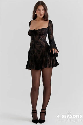 Lace Flare Sleeve High Waist Mini Dress Women Square Collar Low Cut Backless Pleated Dresses 2024