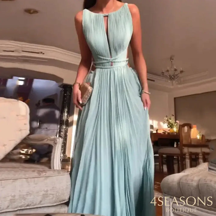 Ellafads Women Long Dress Elegant Sexy Solid Sleeveless Hollow Out Backless Lace Up Nipped Waist
