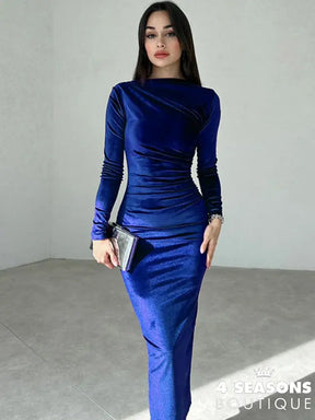 Dulzura 2024 Spring Summer Velvet Long Sleeve Midi Dress For Women Ruched Elegant Party Clothes