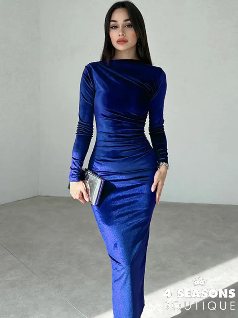 Dulzura 2024 Spring Summer Velvet Long Sleeve Midi Dress For Women Ruched Elegant Party Clothes