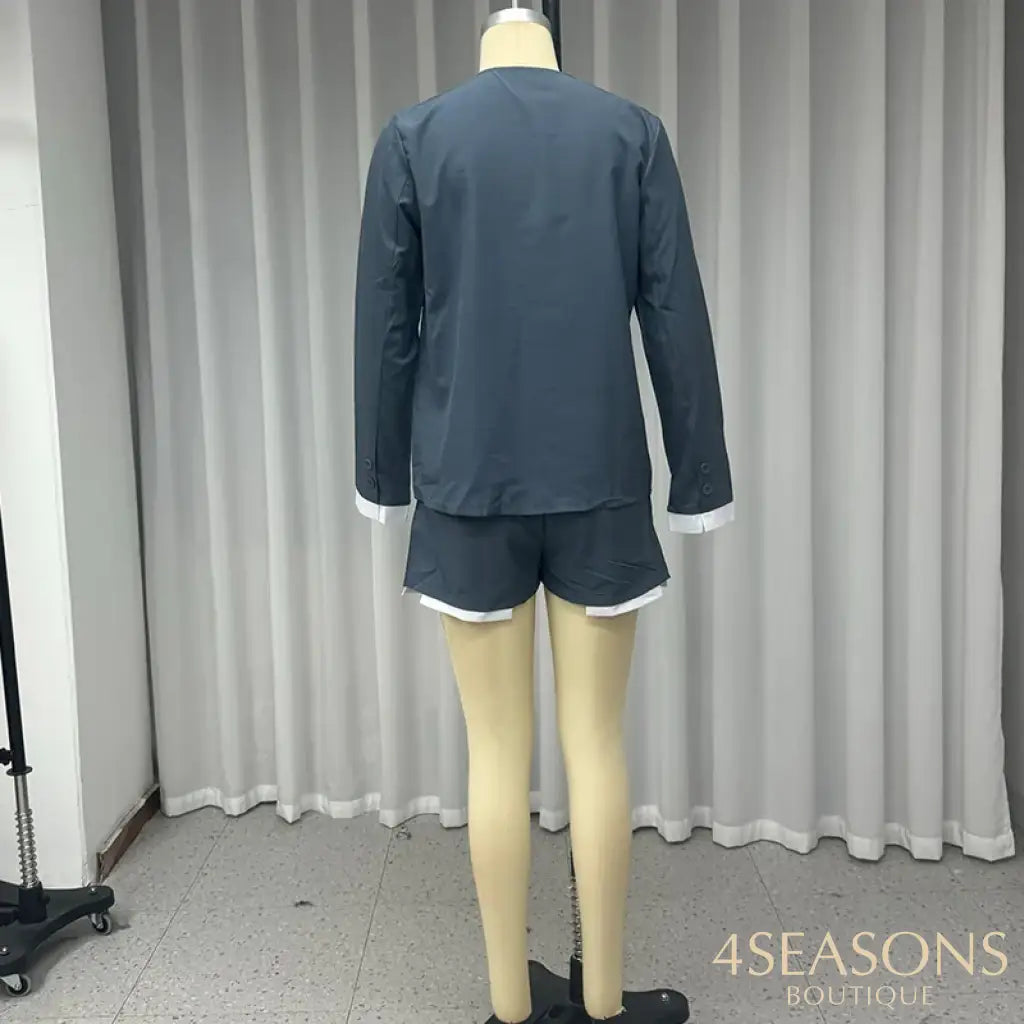 Wefads Two Piece Set Women Fashion Solid Long Sleeve Round Neck Single Breasted Button Top Short Mini Pants Sets High