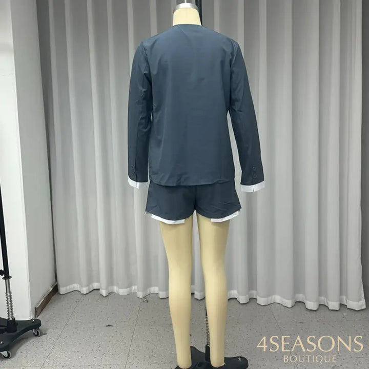 Wefads Two Piece Set Women Fashion Solid Long Sleeve Round Neck Single Breasted Button Top Short Mini Pants Sets High