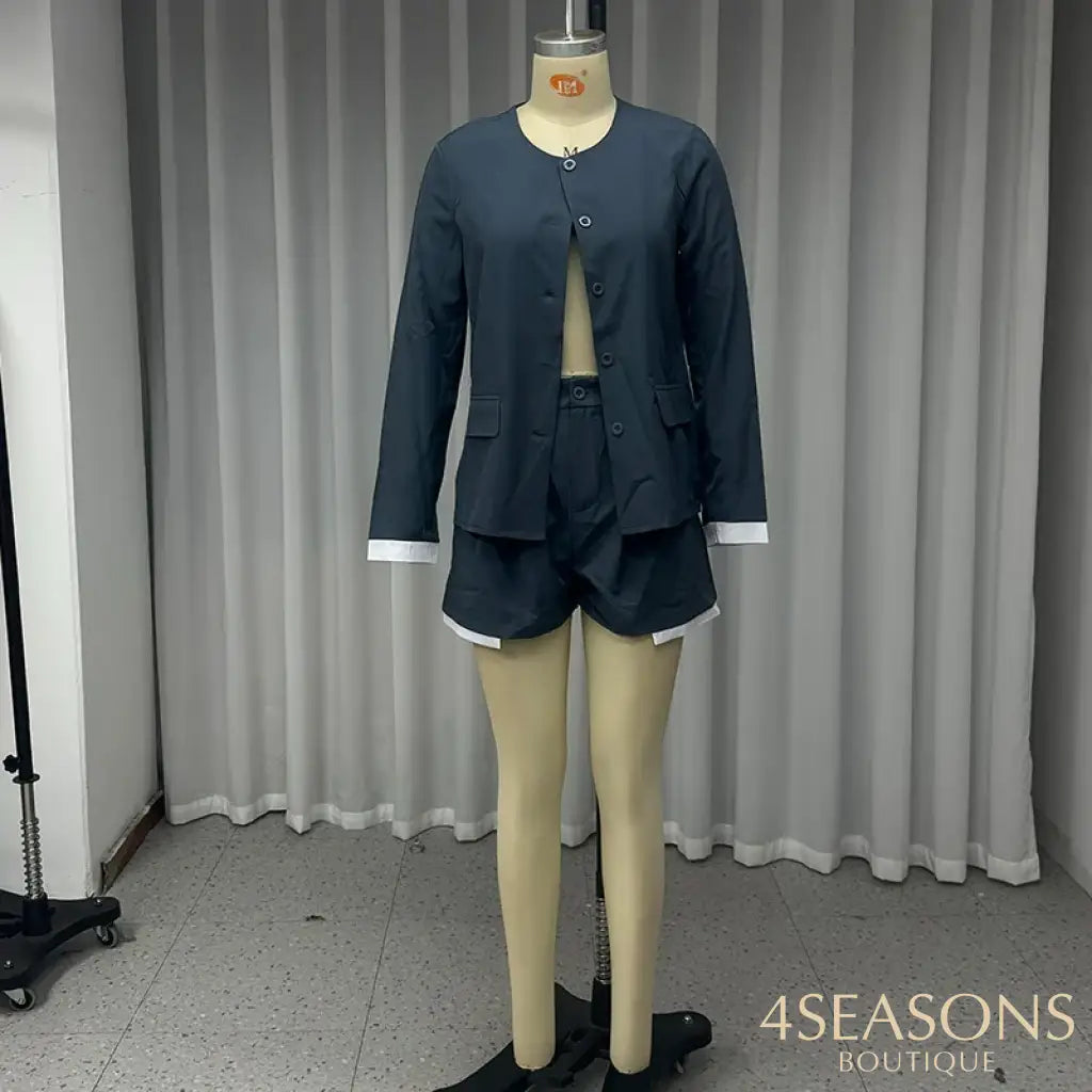 Wefads Two Piece Set Women Fashion Solid Long Sleeve Round Neck Single Breasted Button Top Short Mini Pants Sets High