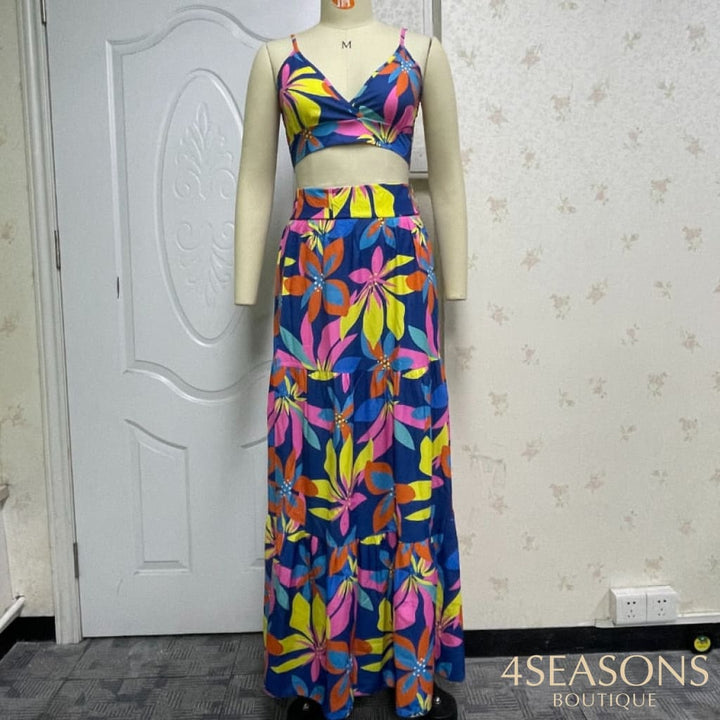 Wefads Two Piece Sets Sleeveless Printed Skirt Two-Piece Sexy Tops Elegant Long Dress Beach Suit