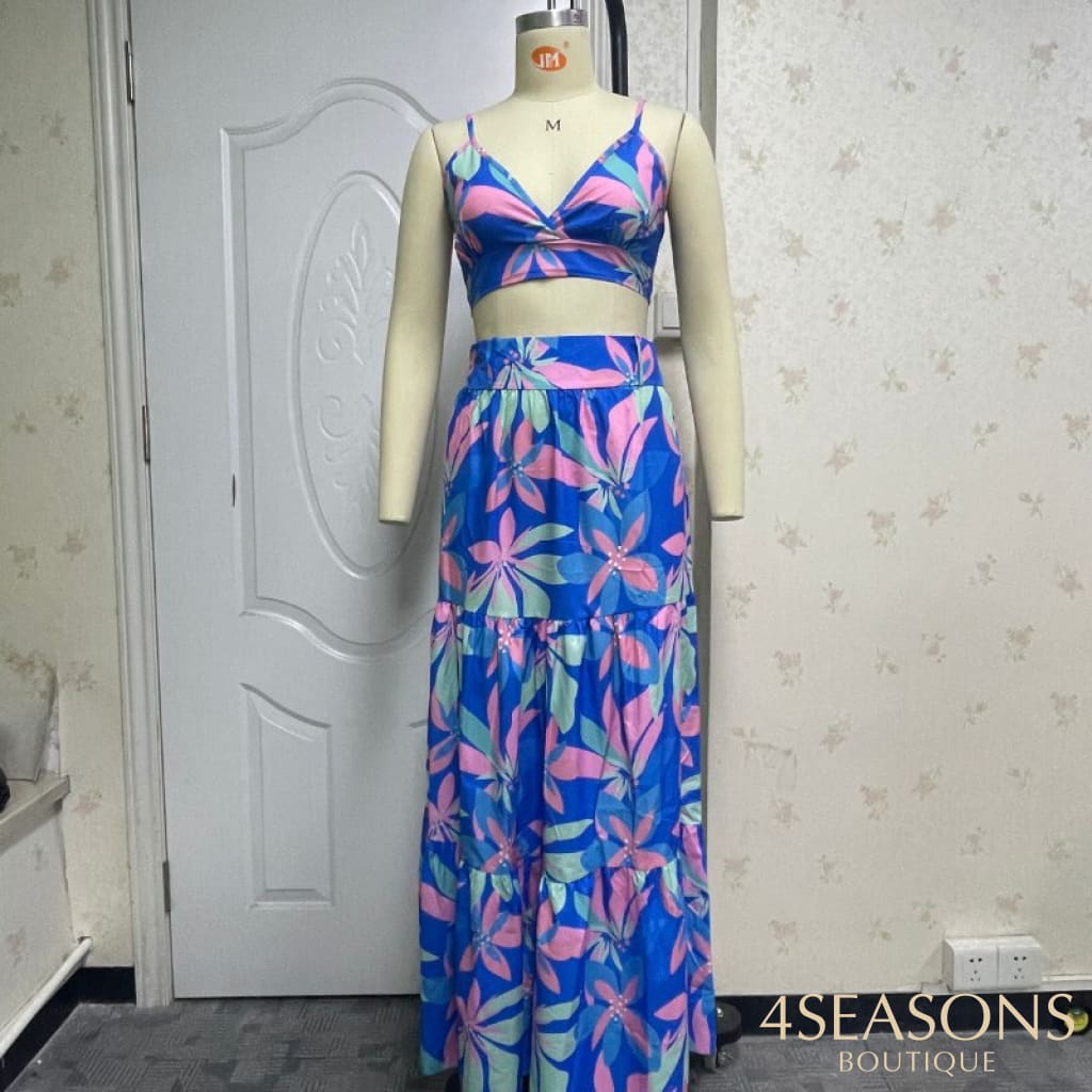 Wefads Two Piece Sets Sleeveless Printed Skirt Two-Piece Sexy Tops Elegant Long Dress Beach Suit